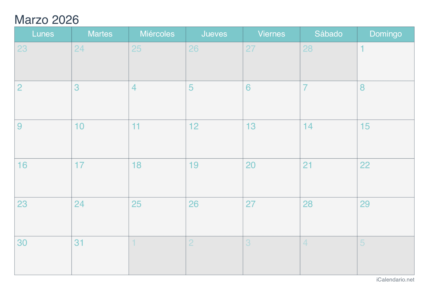 Calendario de marzo 2026 - Turquesa