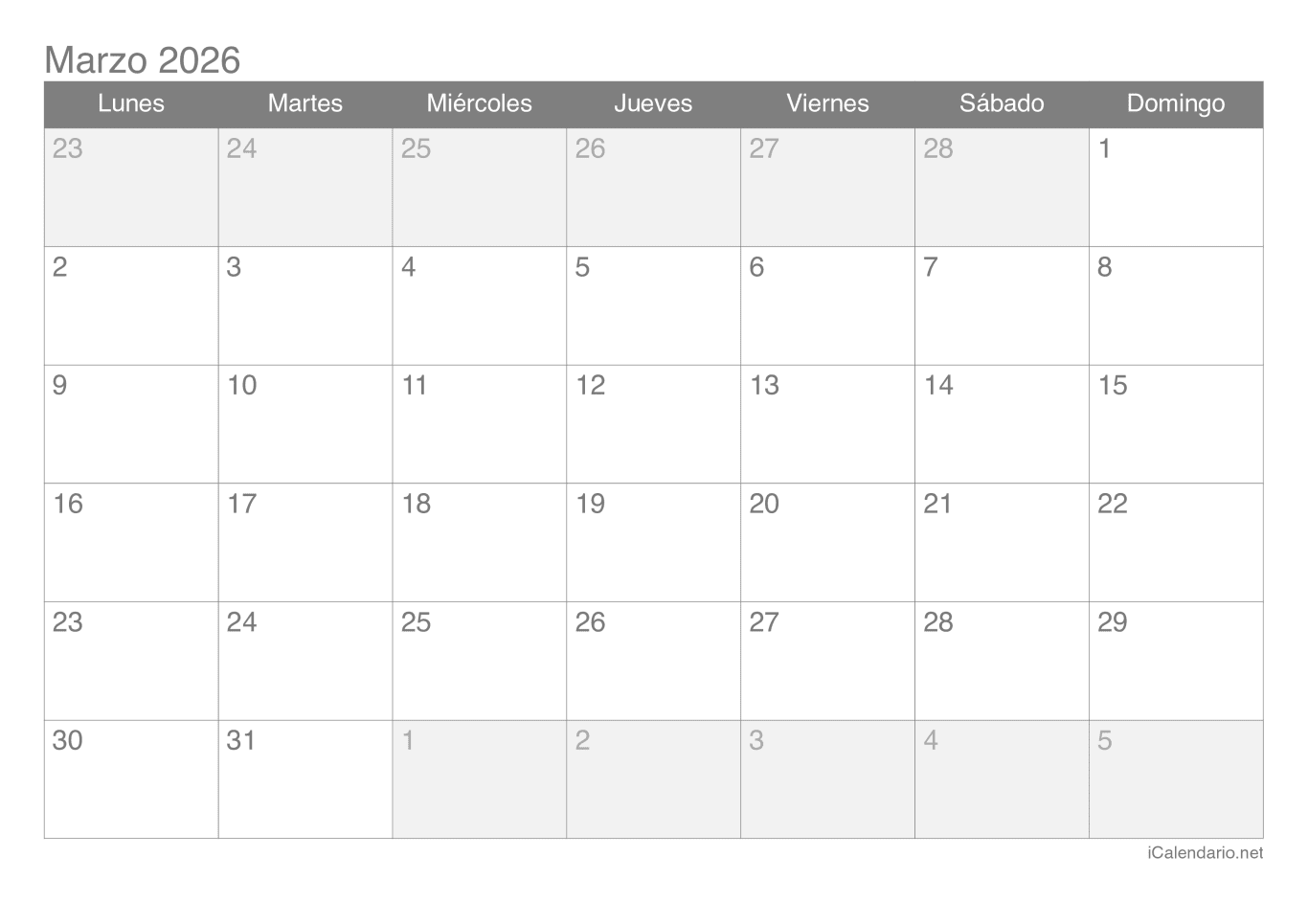 Calendario de marzo 2026