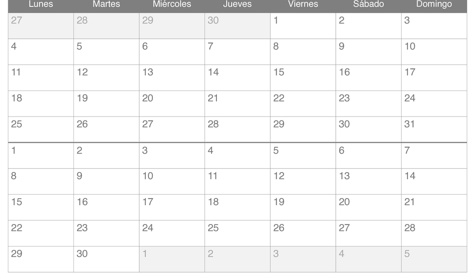 Calendario de mayo junio 2026