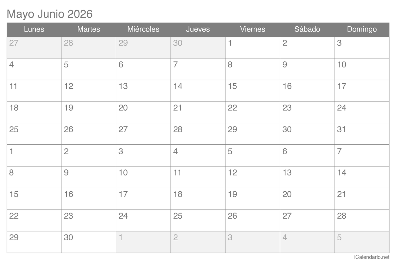 Calendario de mayo junio 2026