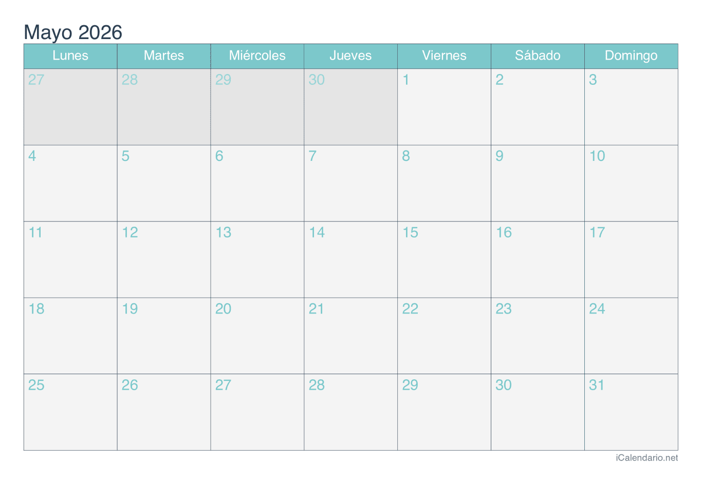 Calendario de mayo 2026 - Turquesa