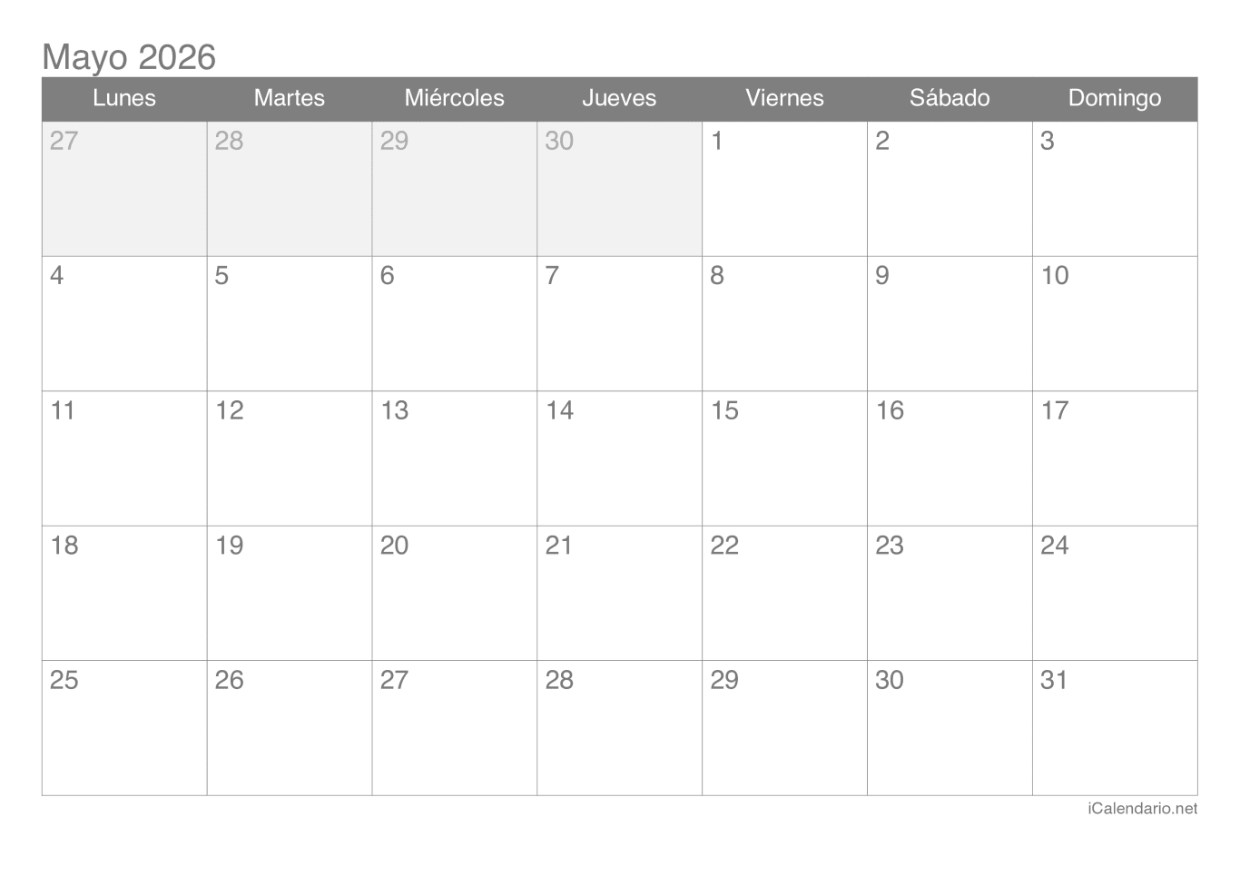 Calendario de mayo 2026