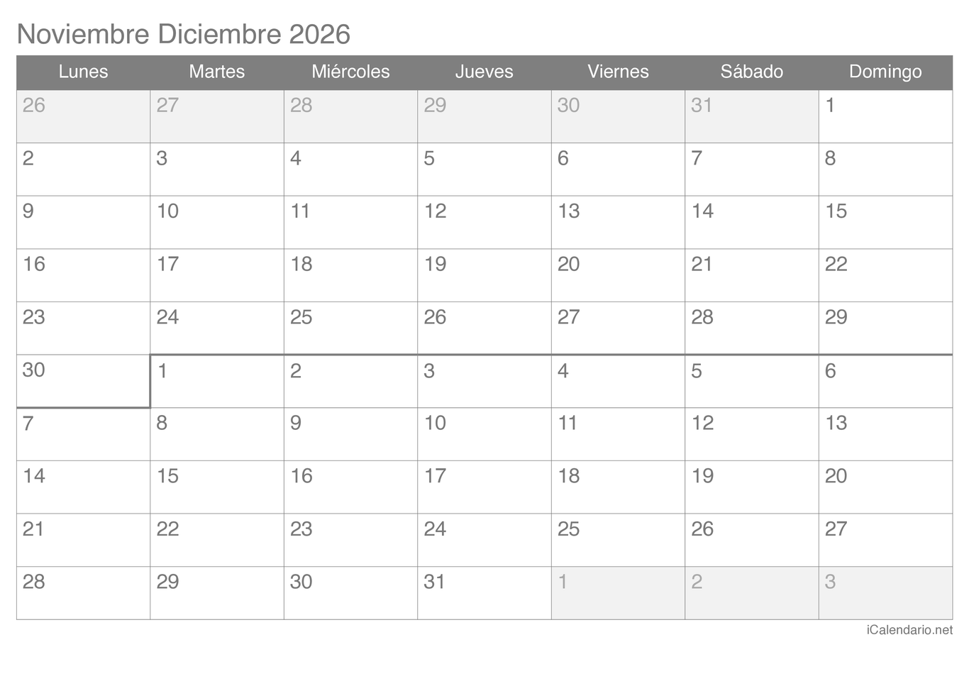 Calendario de noviembre diciembre 2026
