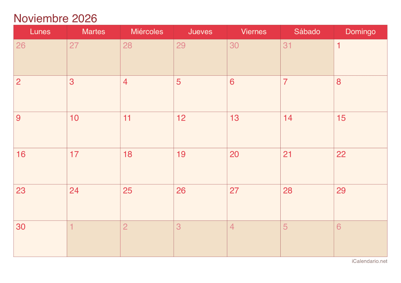 Calendario de noviembre 2026 - Cherry