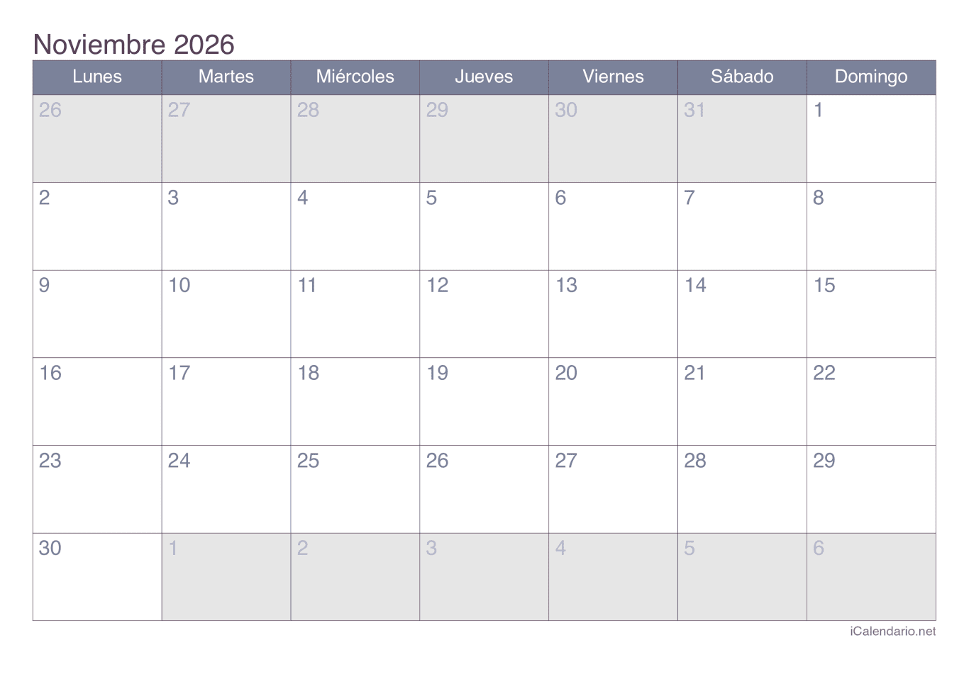 Calendario de noviembre 2026 - Office