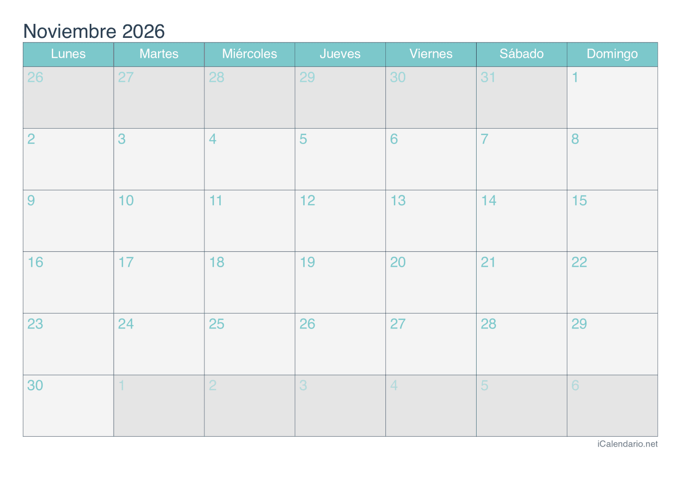 Calendario de noviembre 2026 - Turquesa