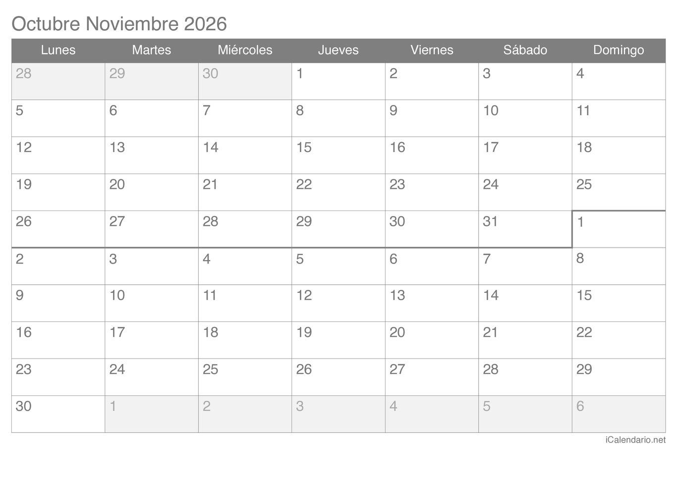Calendario de octubre noviembre 2026
