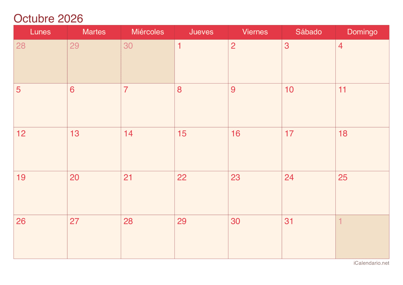 Calendario d'octubre 2026 - Cherry