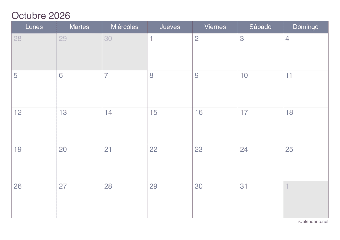 Calendario d'octubre 2026 - Office