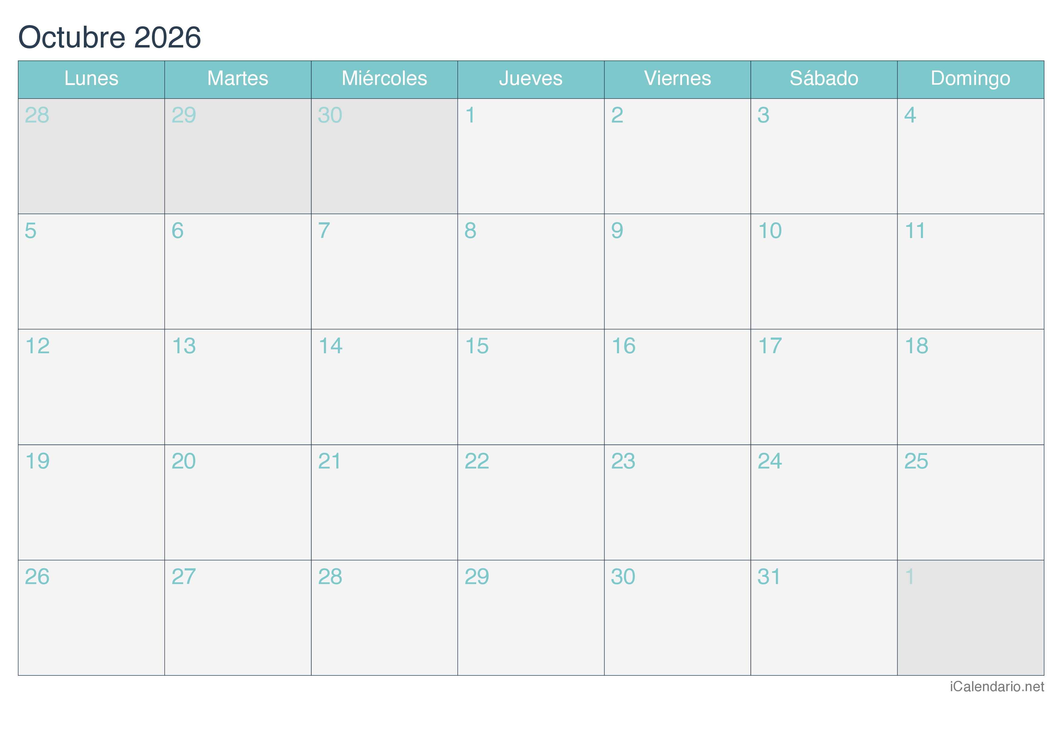 Calendario Octubre De 2026 Para Imprimir Calendario Octubre De 2026 Para Imprimir