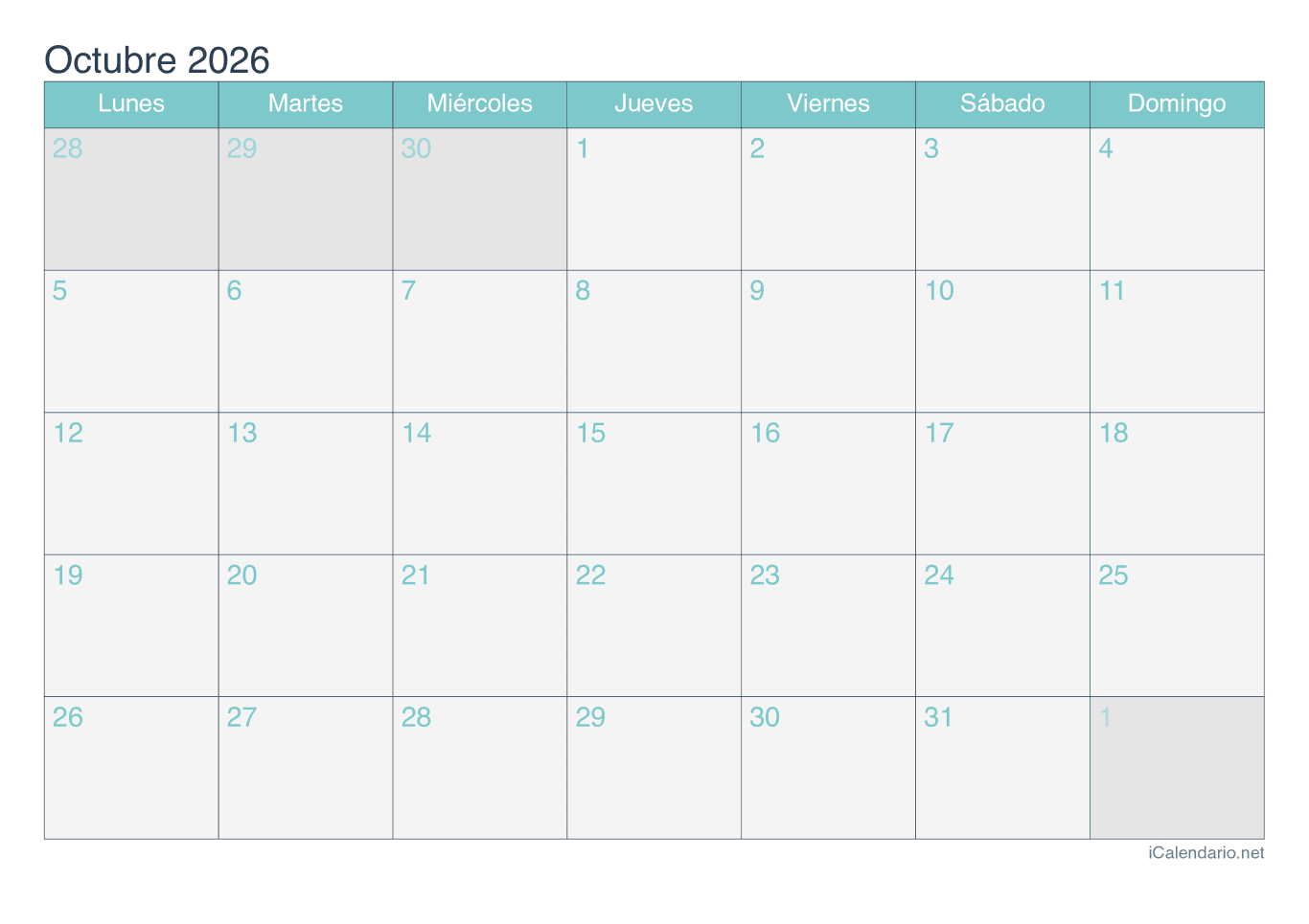 Calendario d'octubre 2026 - Turquesa