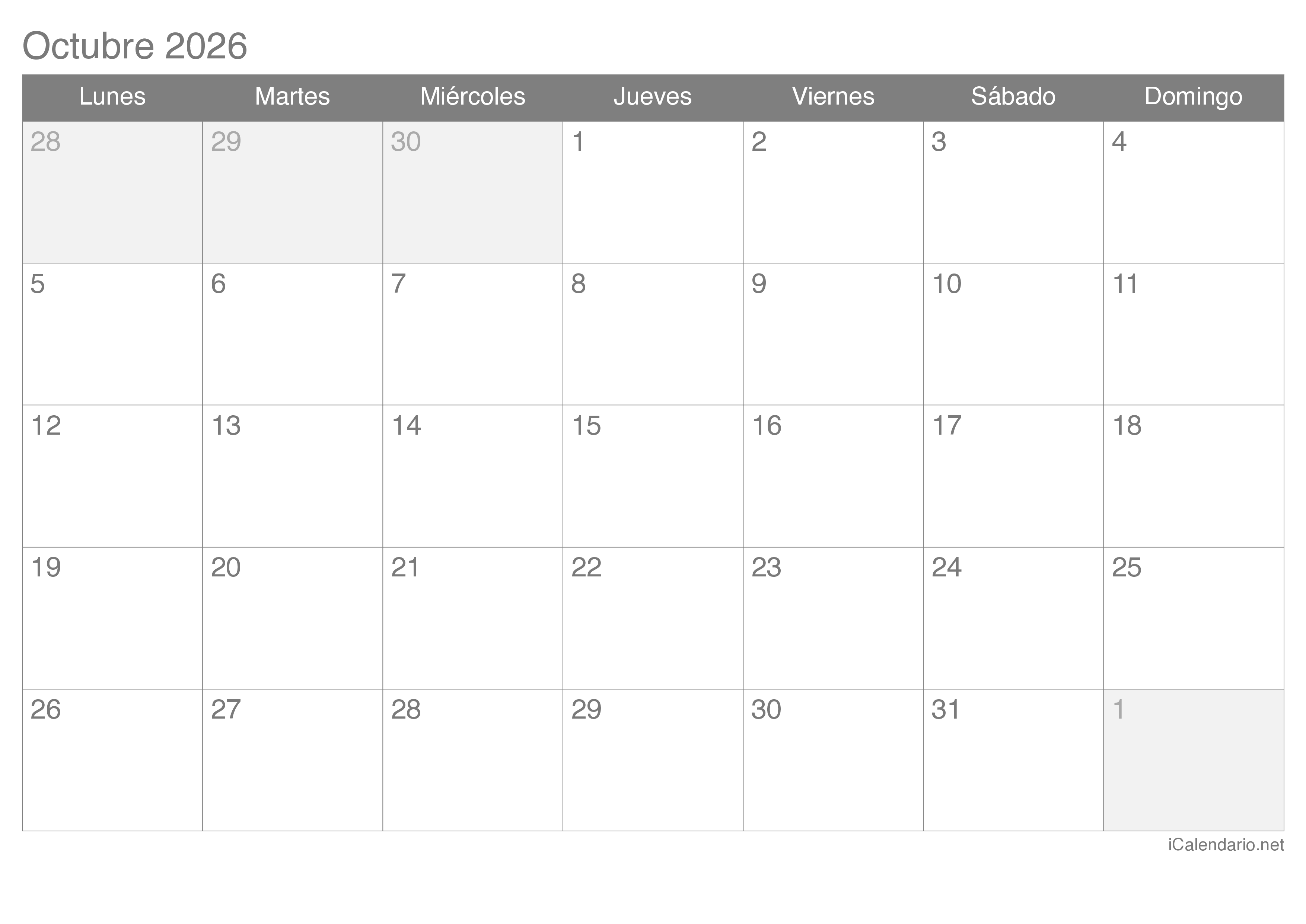Calendario Octubre De 2026 Para Imprimir Calendario Octubre De 2026 Para Imprimir