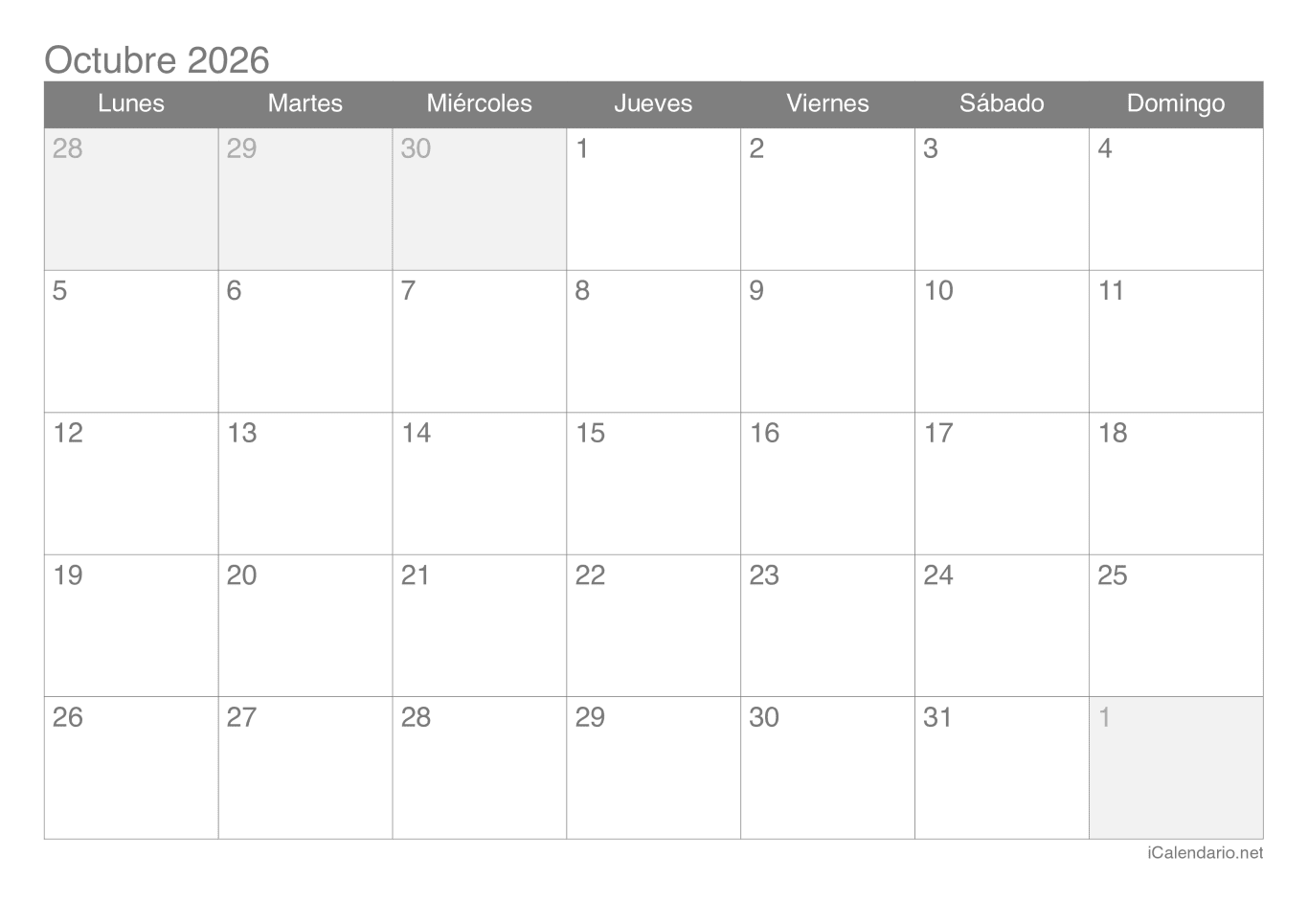 Calendario d'octubre 2026