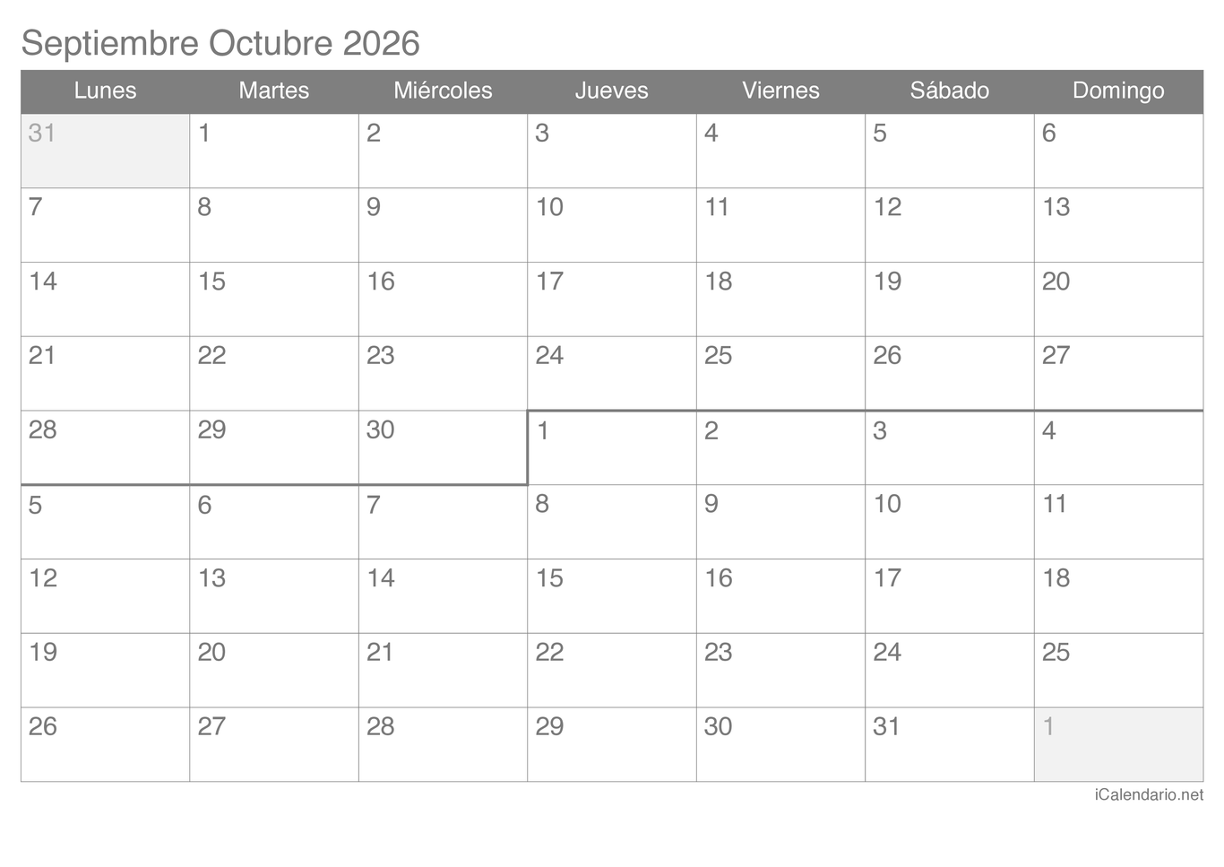 Calendario de septiembre octubre 2026