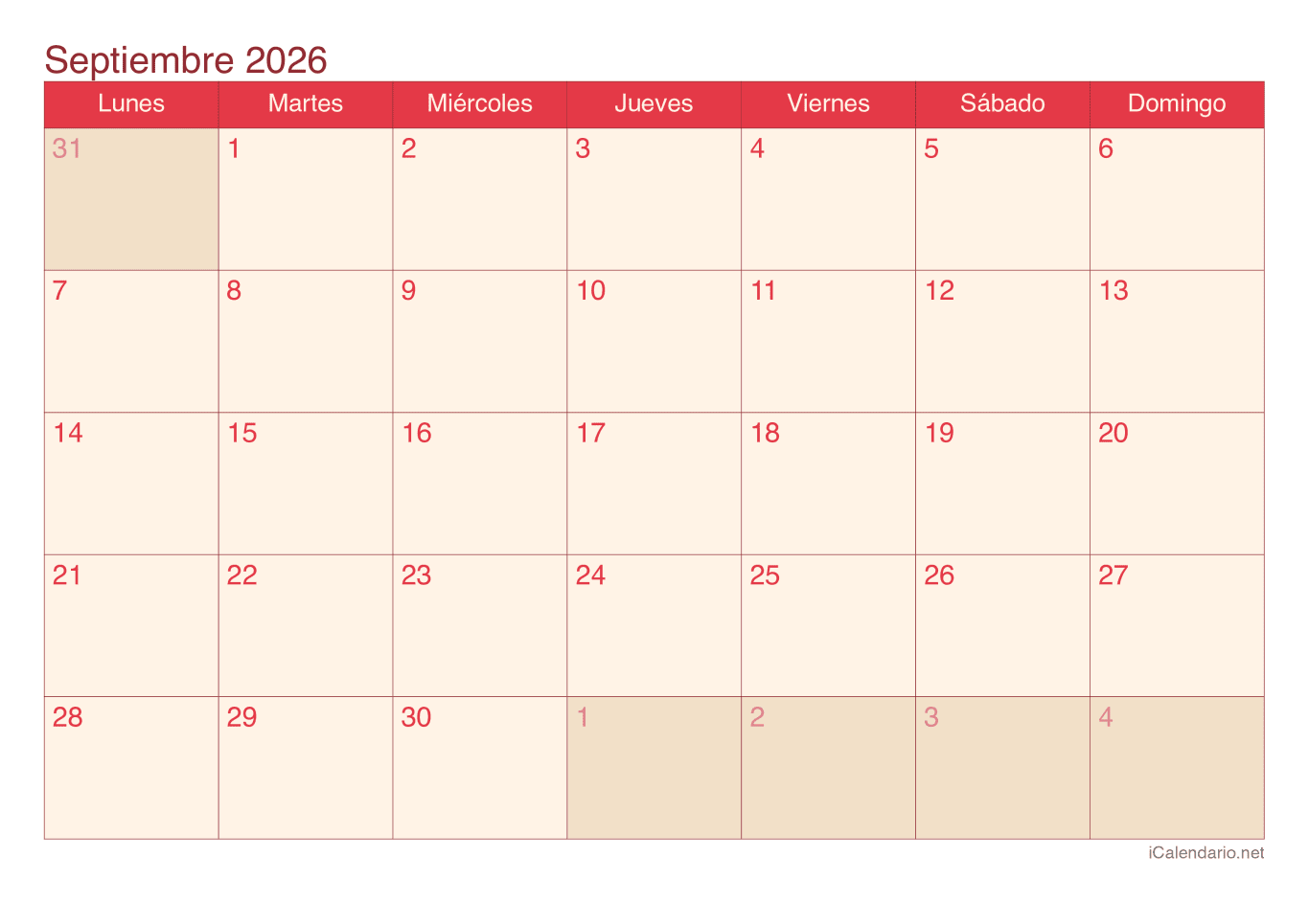 Calendario de septiembre 2026 - Cherry