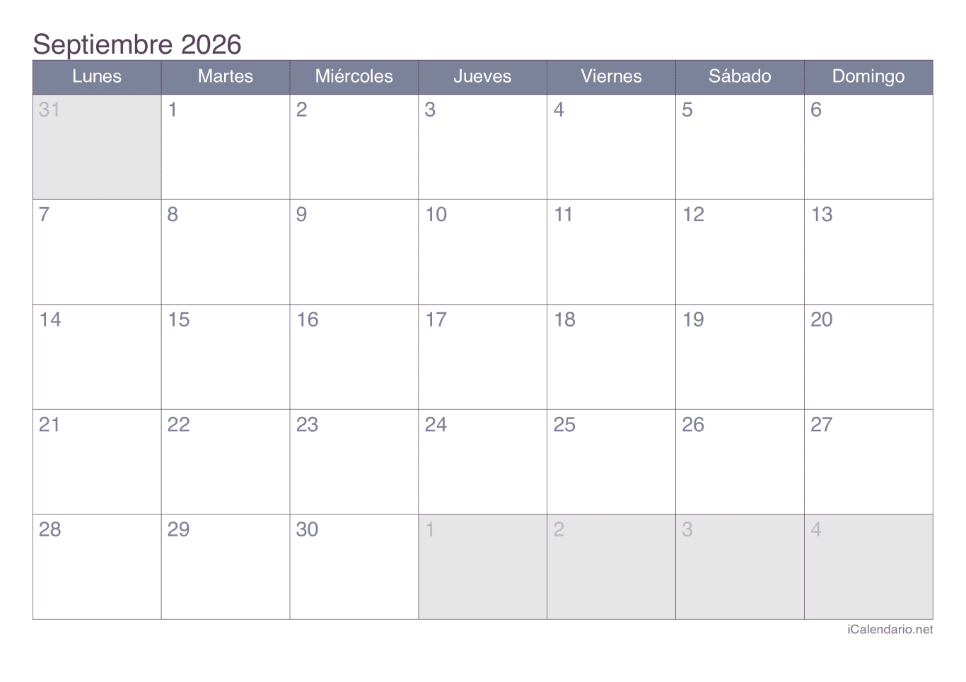 Calendario de septiembre 2026 - Office