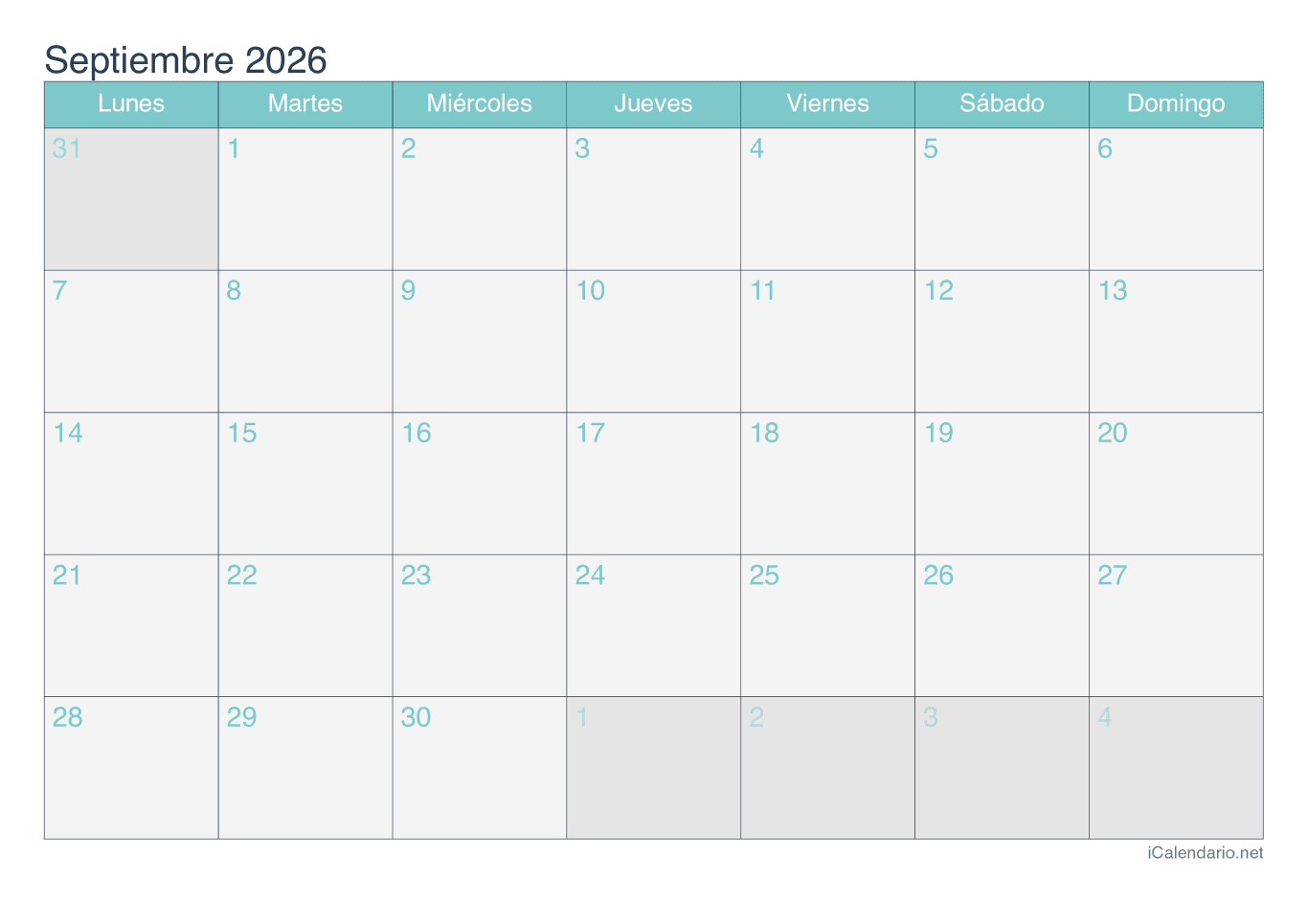 Calendario de septiembre 2026 - Turquesa