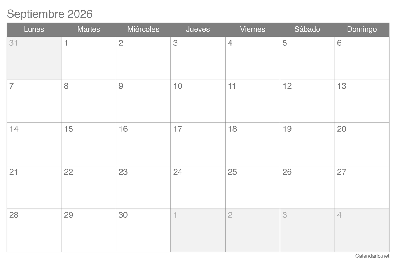 Calendario Septiembre De 2026 Para Imprimir