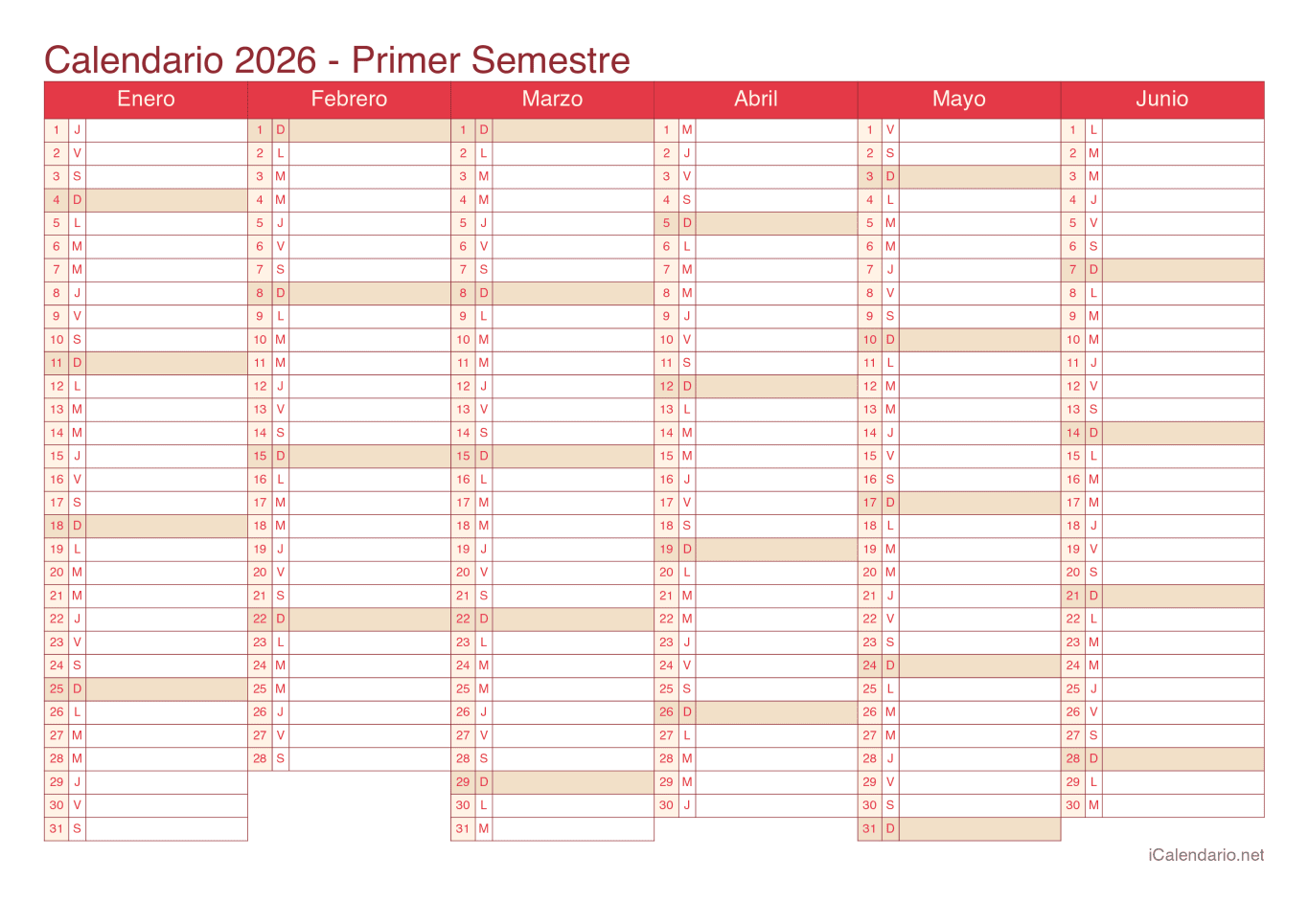 Calendario por semestre 2026 - Cherry