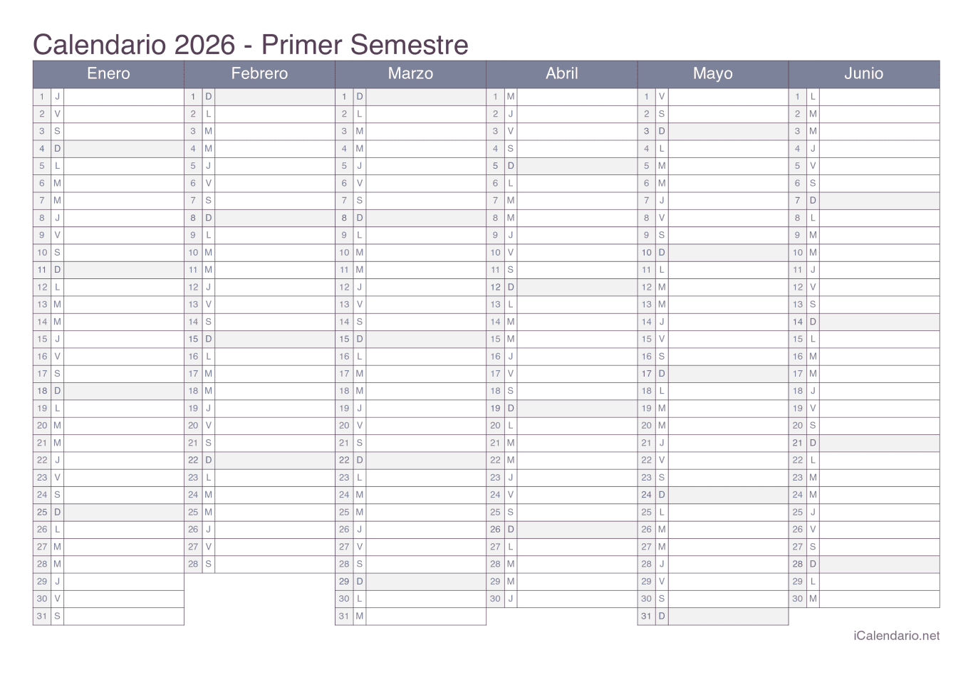 Calendario por semestre 2026 - Office