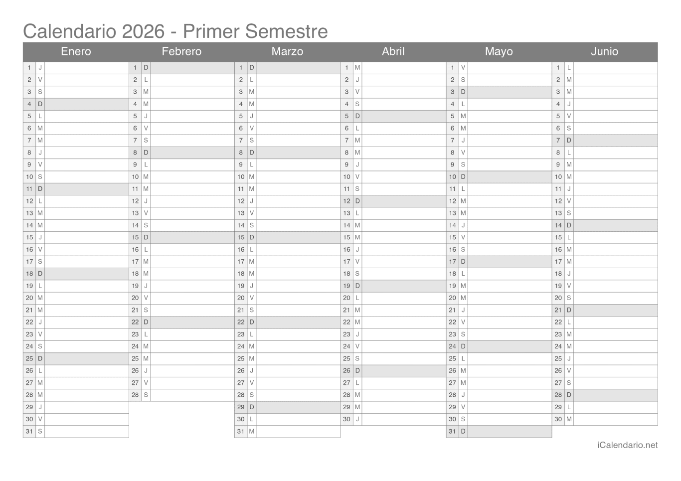 Calendario por semestre 2026