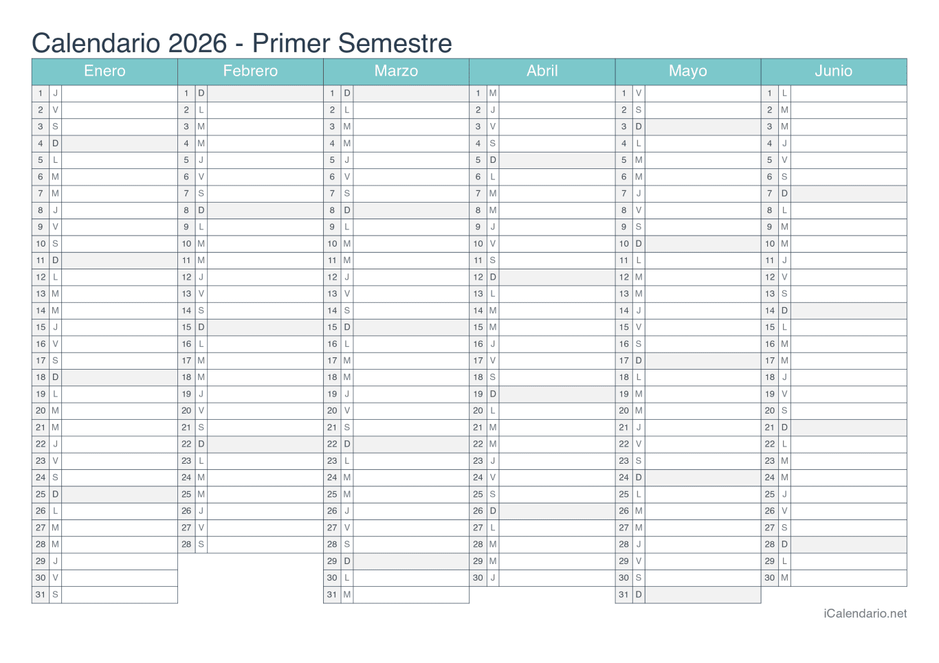 Calendario por semestre 2026 - Turquesa