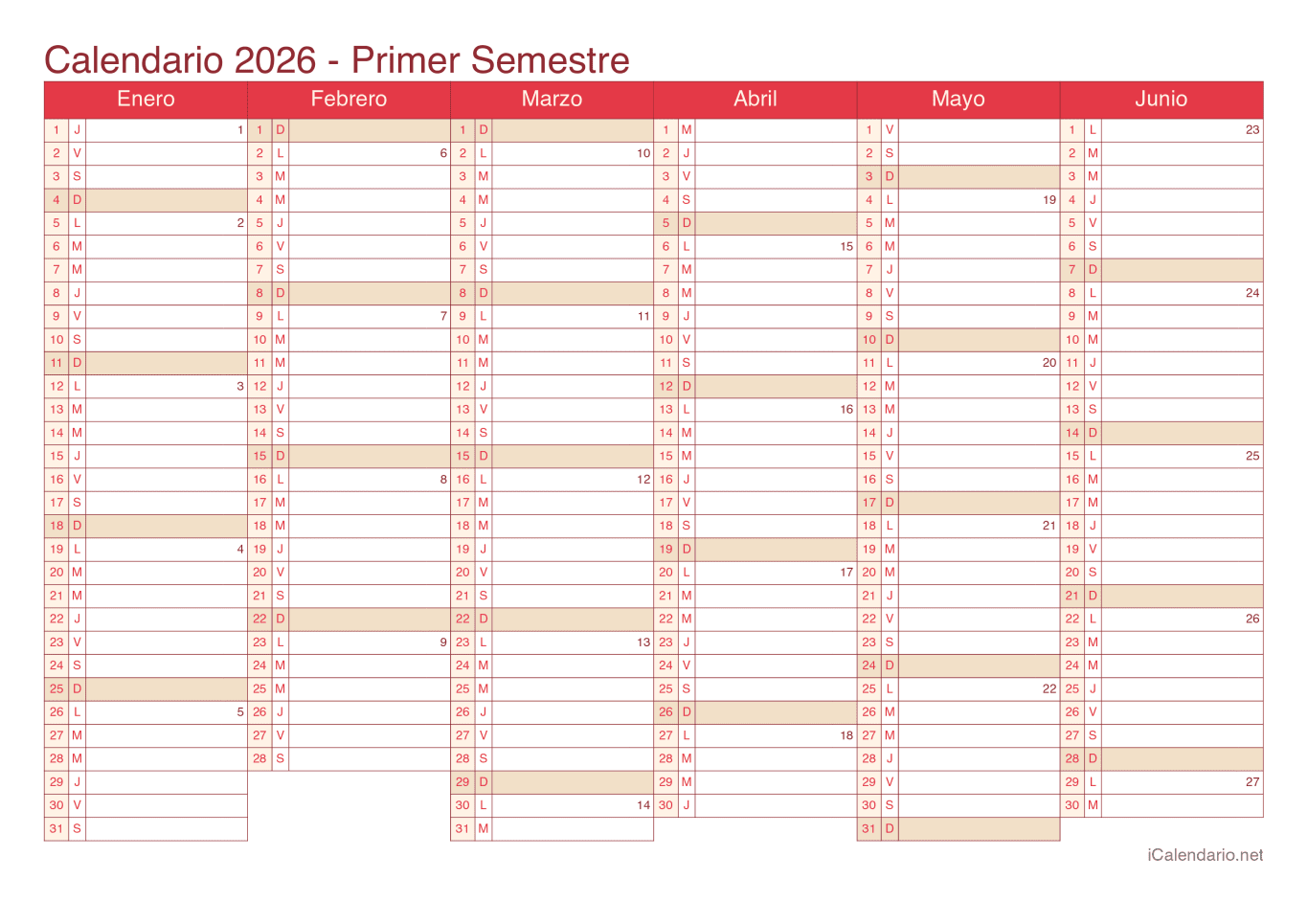 Calendario por semestre com números da semana 2026 - Cherry