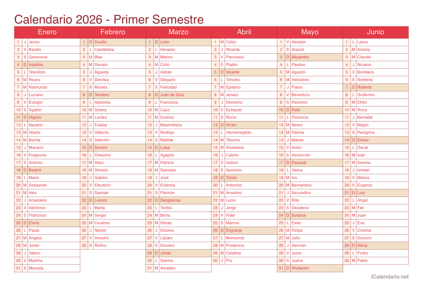 Calendario por semestre 2026 com festa do dia - Cherry