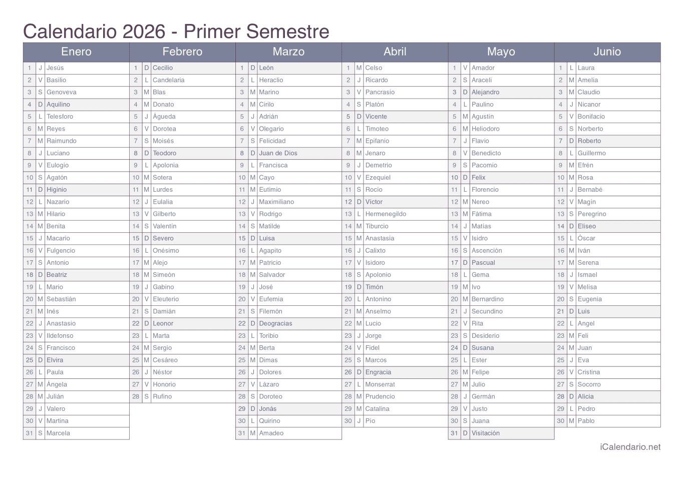 Calendario por semestre 2026 com festa do dia - Office