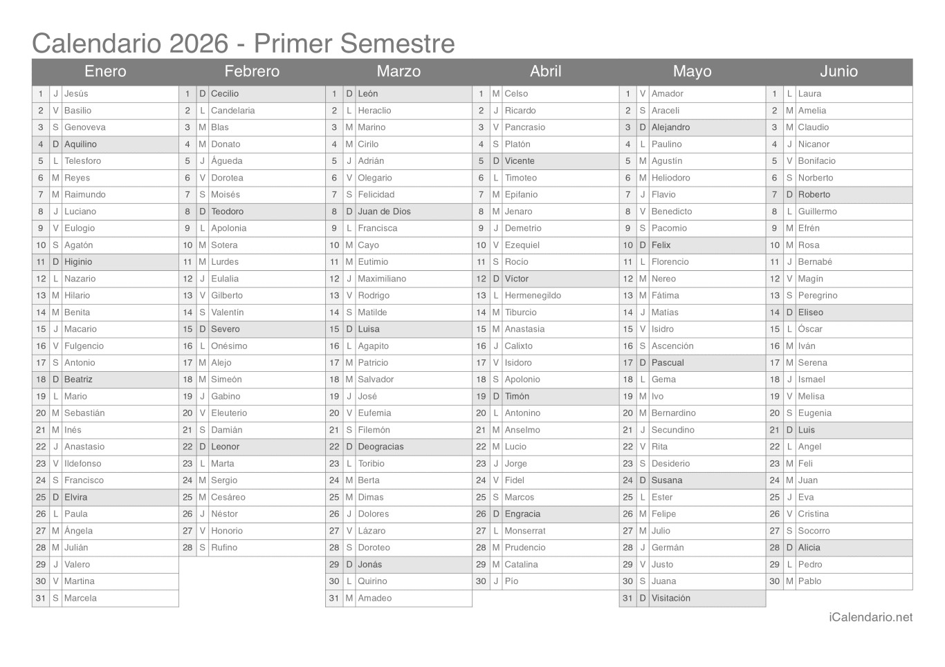 Calendario por semestre 2026 com festa do dia