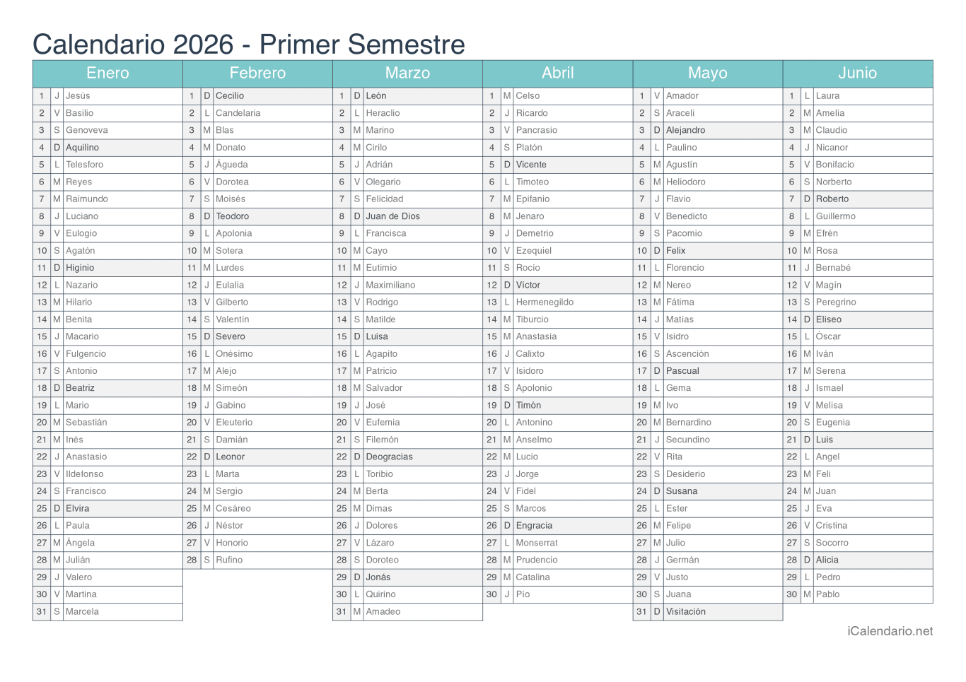 Calendario por semestre 2026 com festa do dia - Turquesa