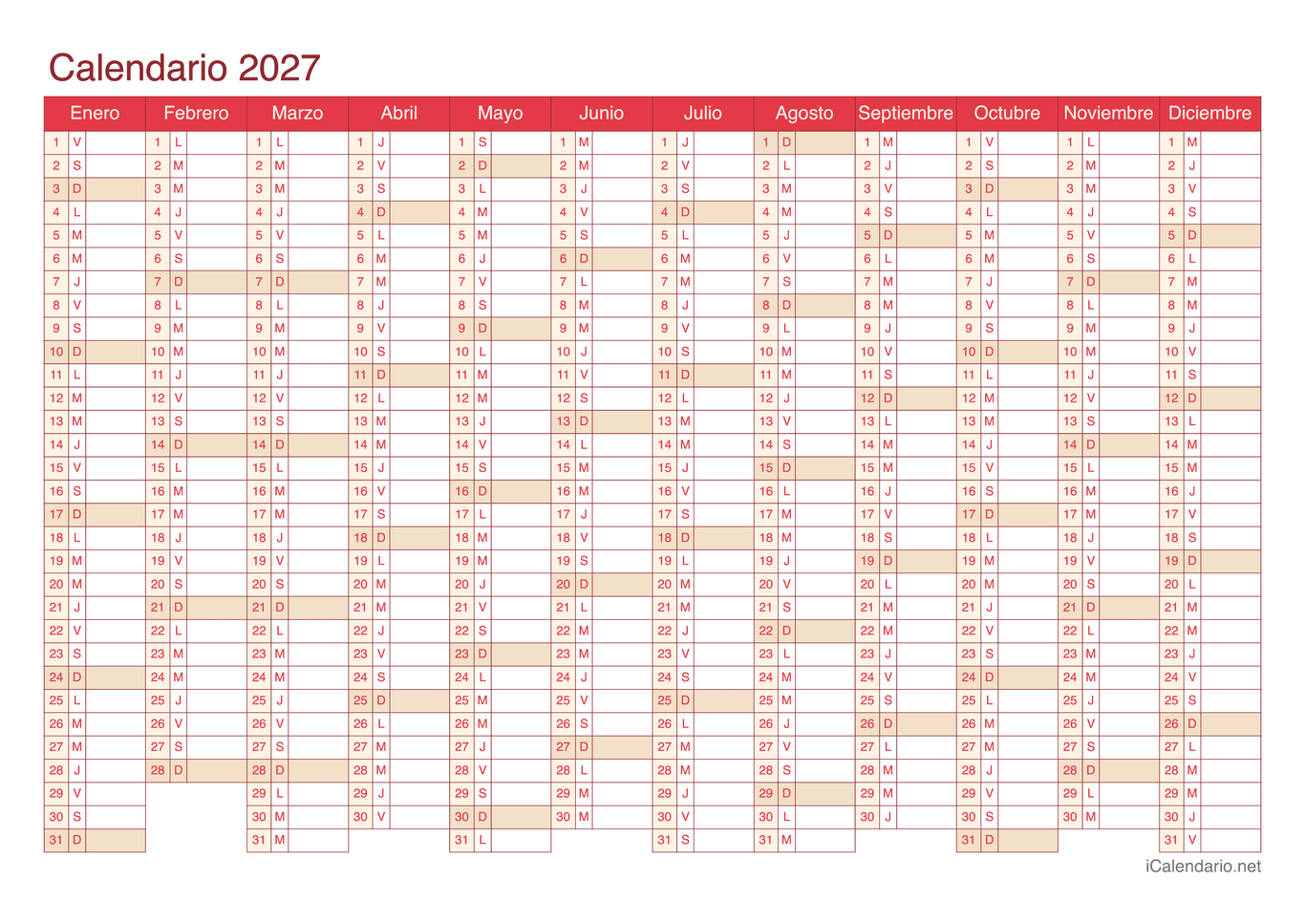Calendario 2027 - Cherry