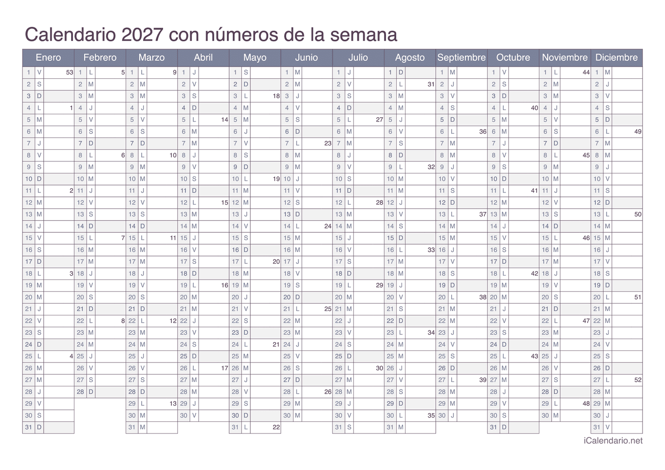 Calendario 2027 con números de semana - Office