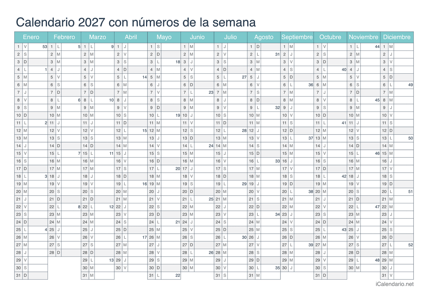Calendario 2027 con números de semana - Turquesa