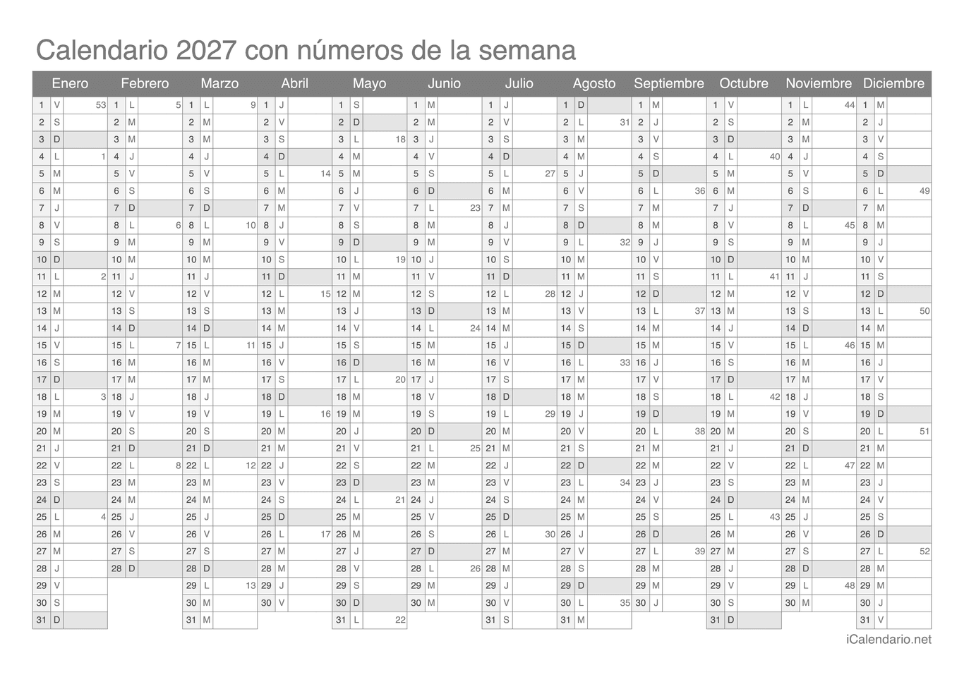 Calendario 2027 con números de semana