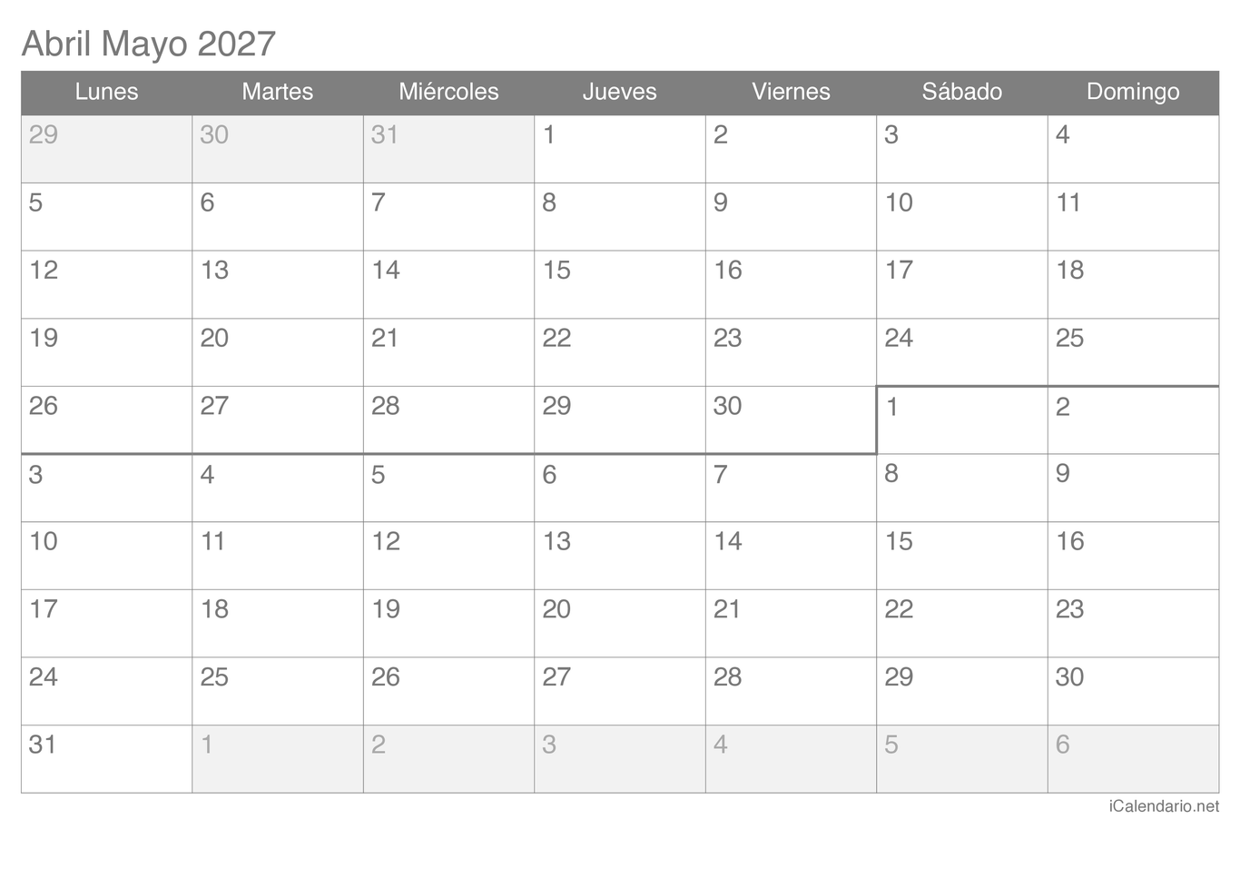 Calendario de abril mayo 2027