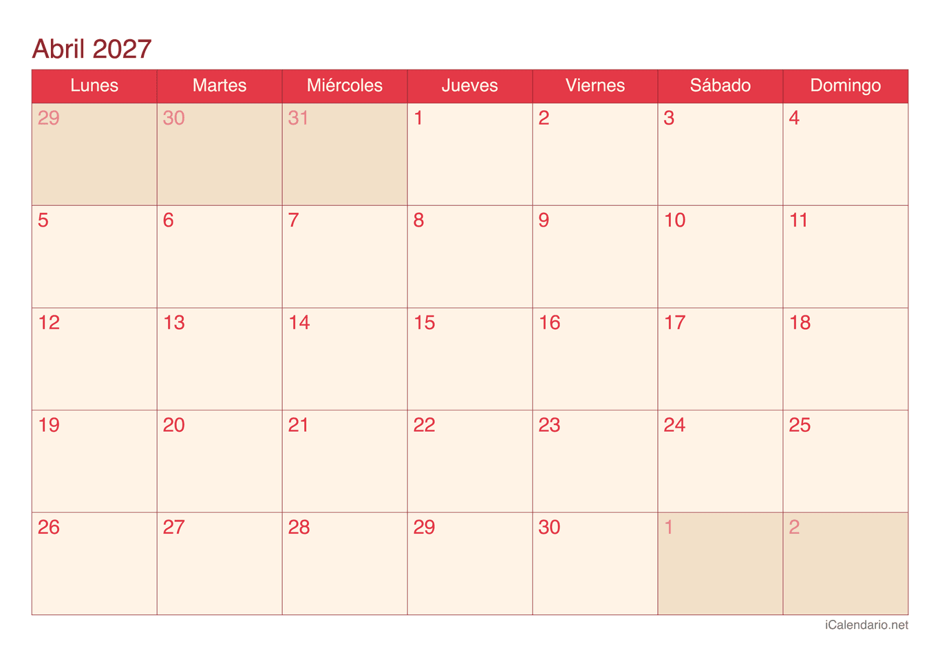 Calendario de abril 2027 - Cherry