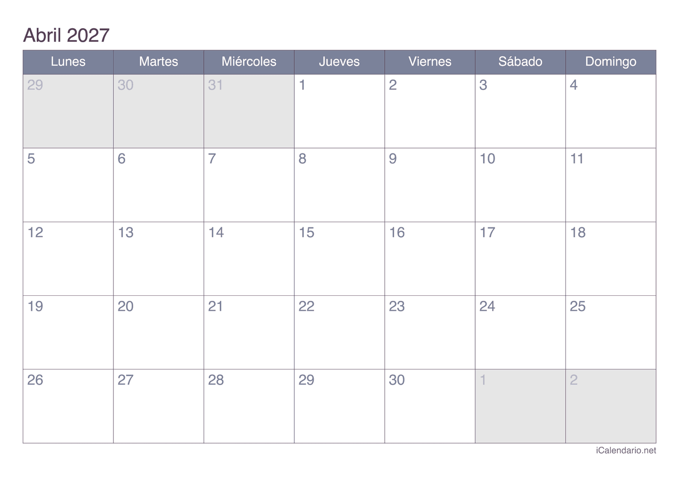 Calendario de abril 2027 - Office