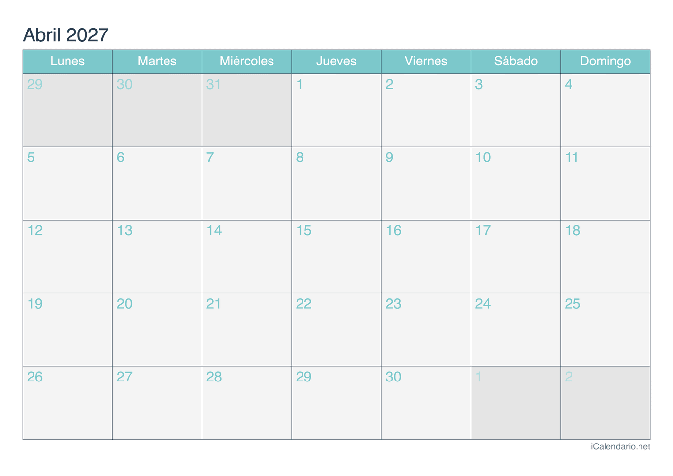Calendario de abril 2027 - Turquesa