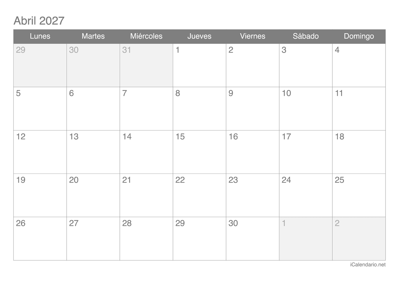 Calendario de abril 2027