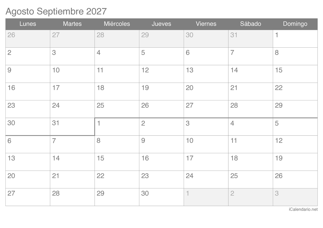 Calendario de agosto septiembre 2027