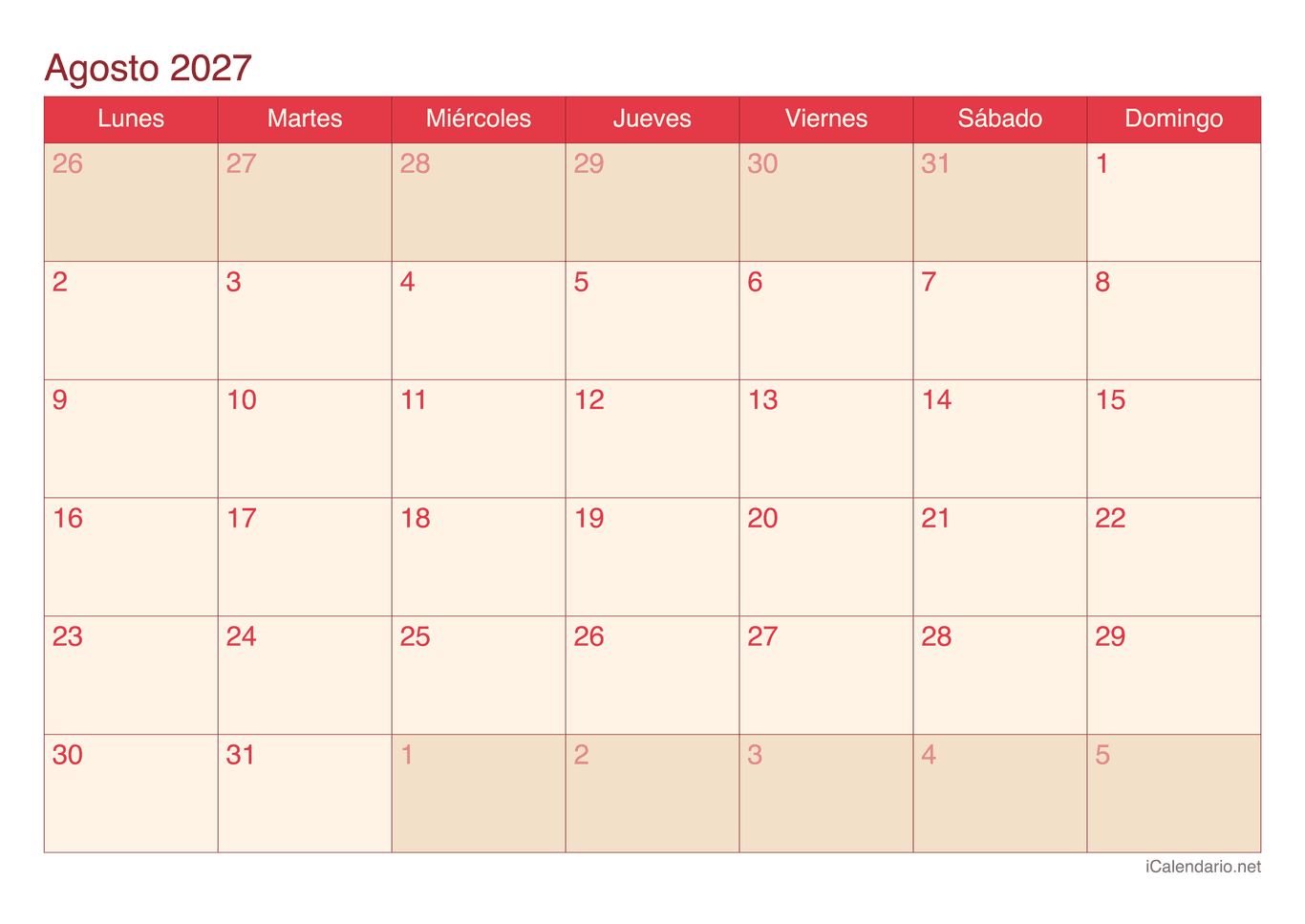 Calendario de agosto 2027 - Cherry
