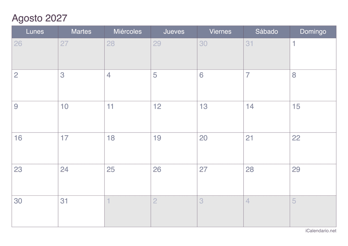 Calendario de agosto 2027 - Office