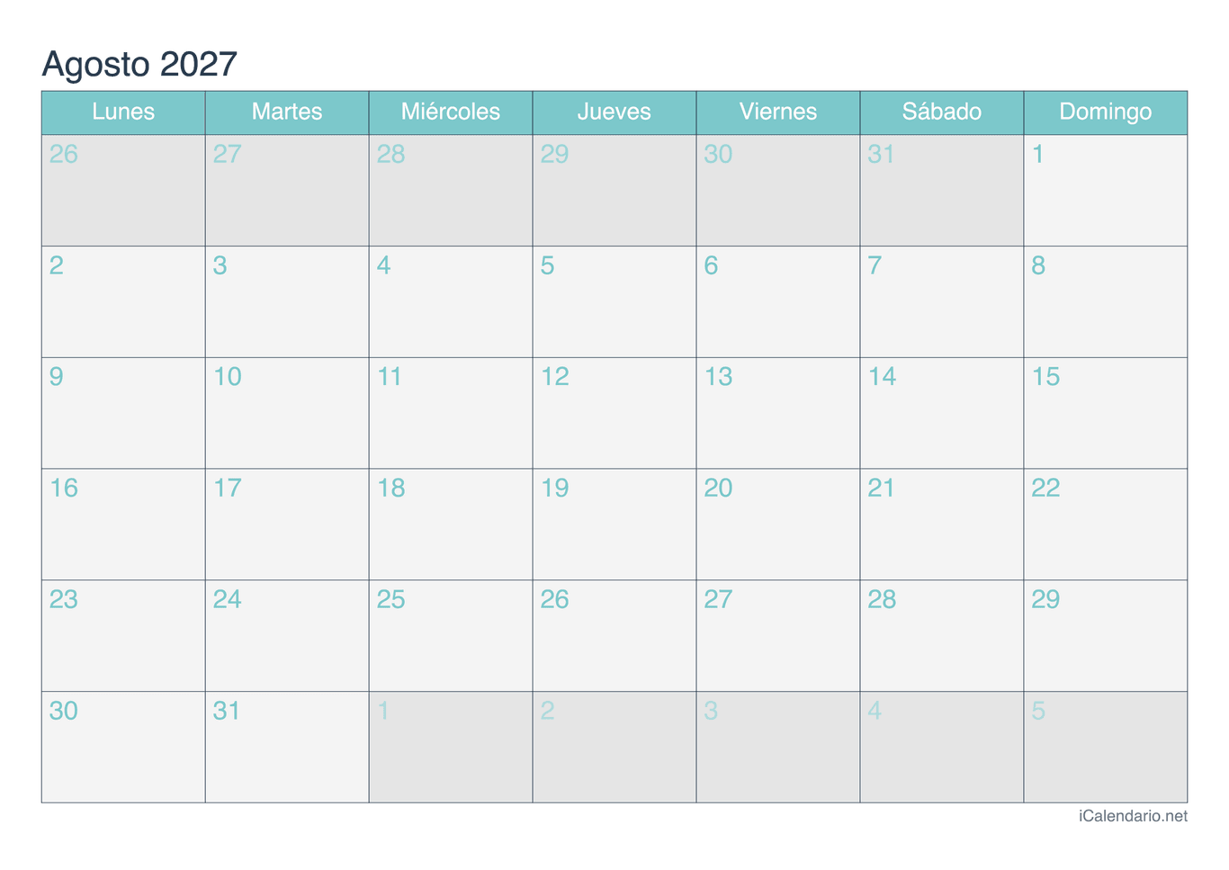 Calendario de agosto 2027 - Turquesa