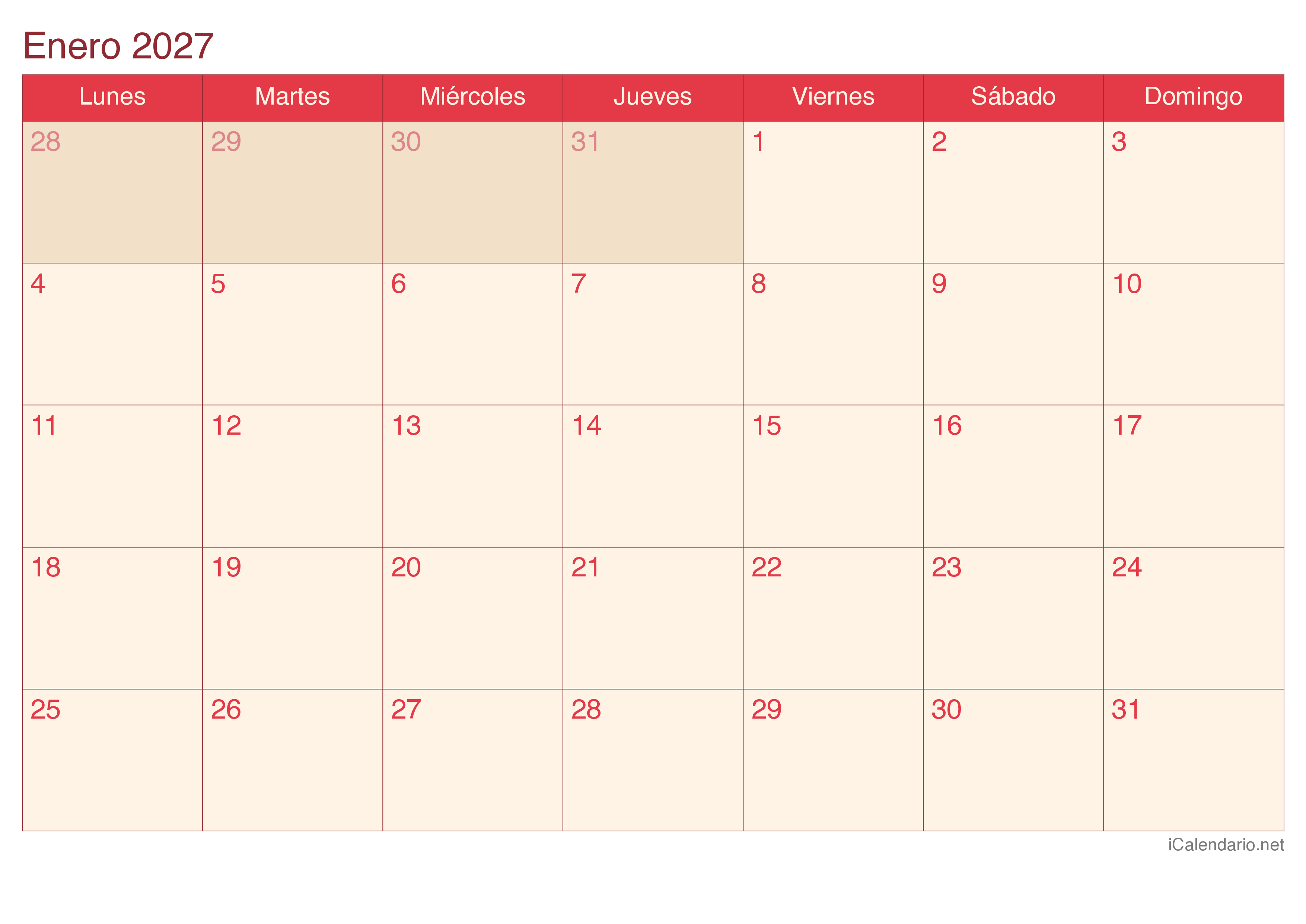 Calendario por mes 2027 - Cherry