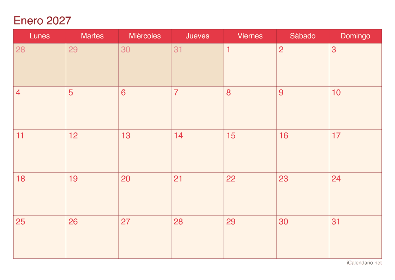 Calendario por mes 2027 - Cherry