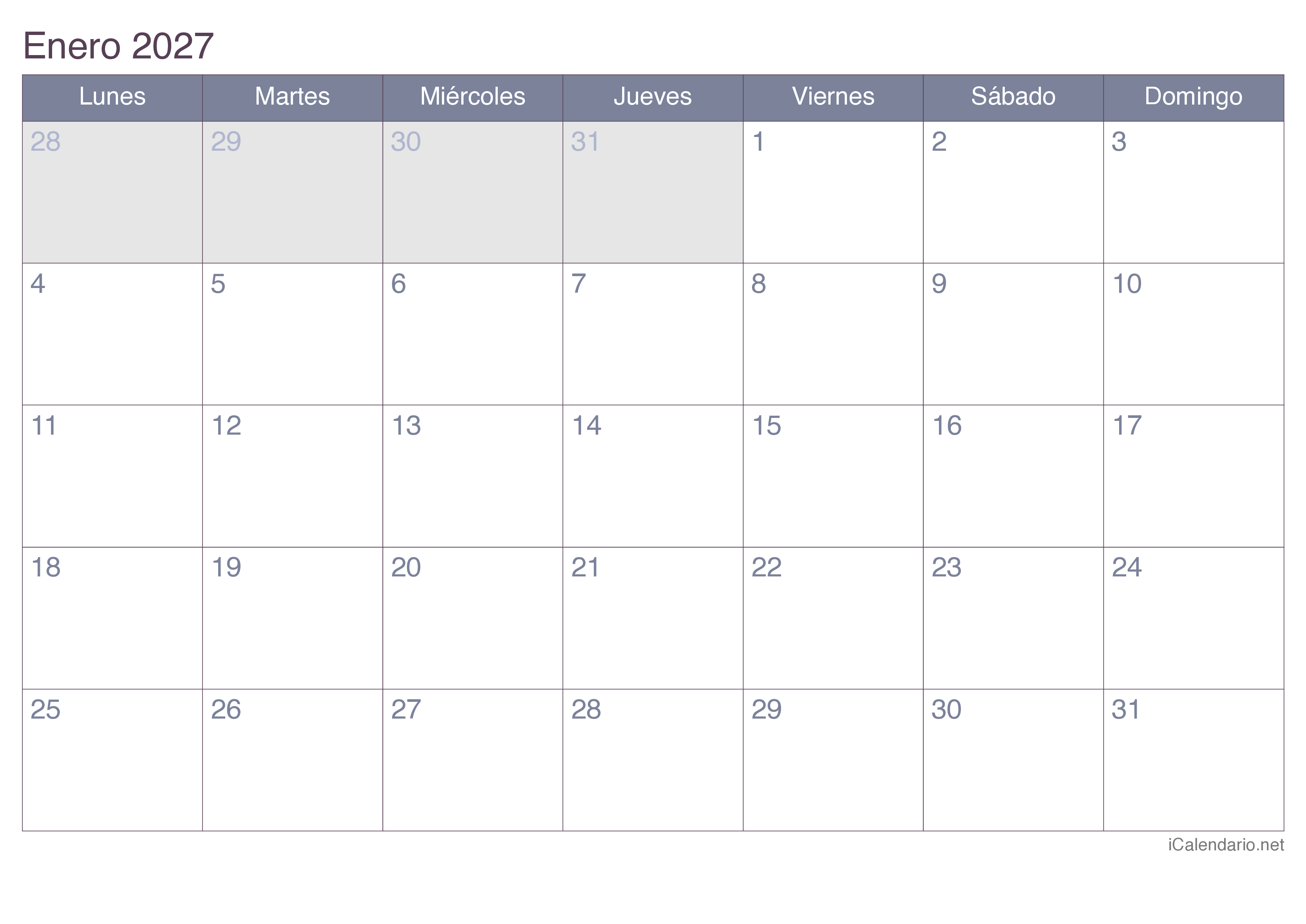 Calendario por mes 2027 - Office