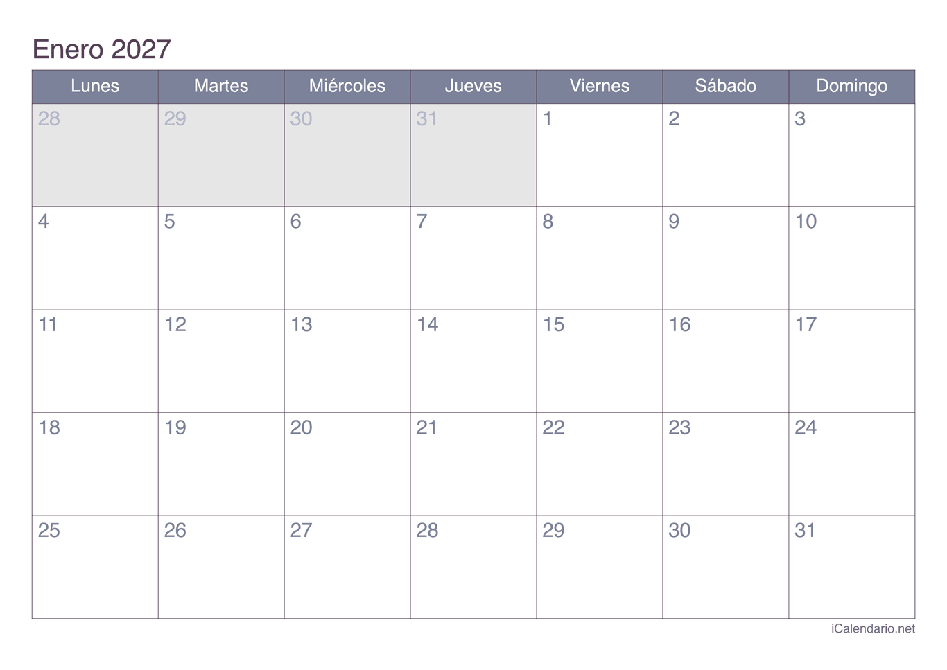 Calendario por mes 2027 - Office