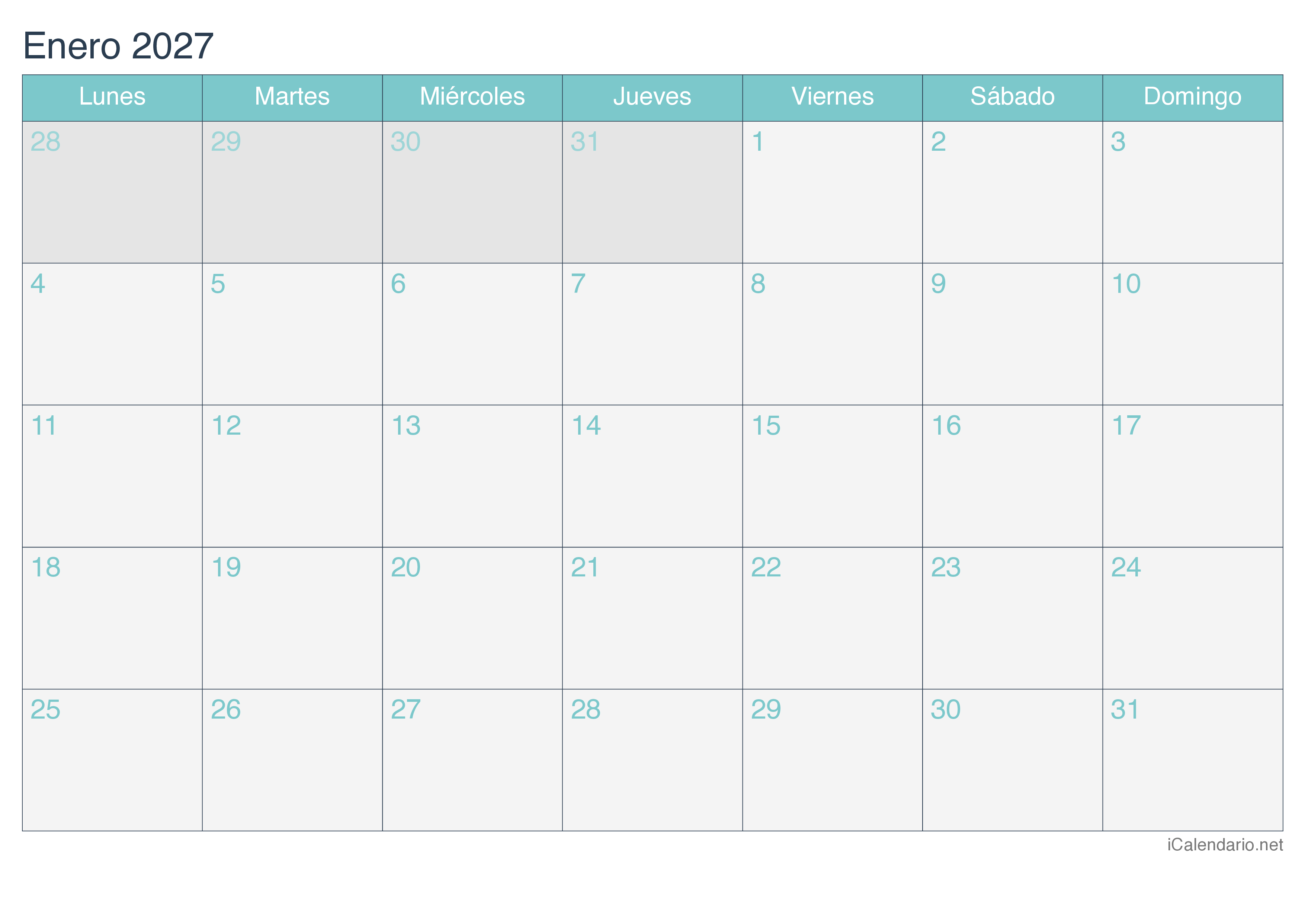 Calendario por mes 2027 - Turquesa