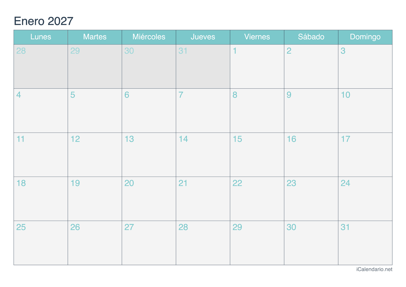 Calendario por mes 2027 - Turquesa